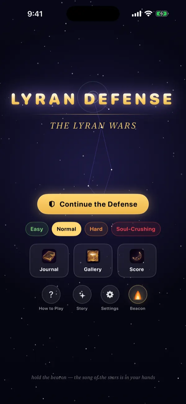 The title screen, the beacon burning against a violet sky.