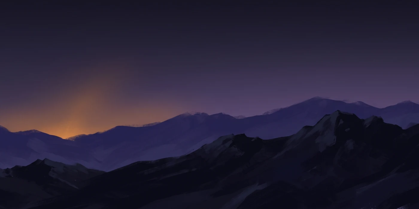 Night mountains under a violet sky, one small gold light burning low behind the far ridge.